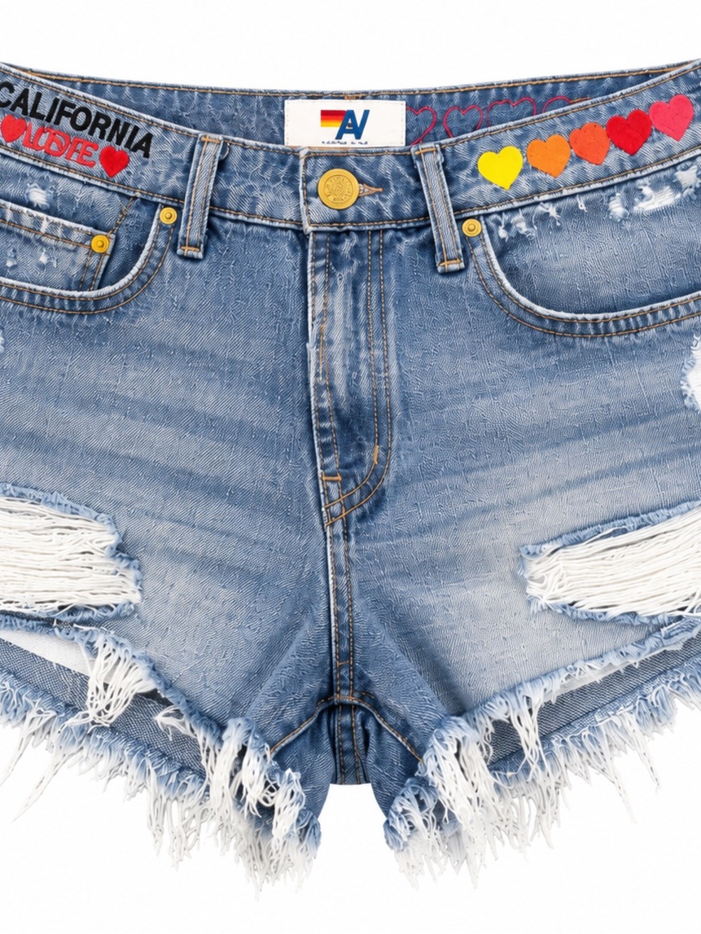 Aviator Nation Light Blue Distressed Denim Shorts with Rainbow Heart Trim